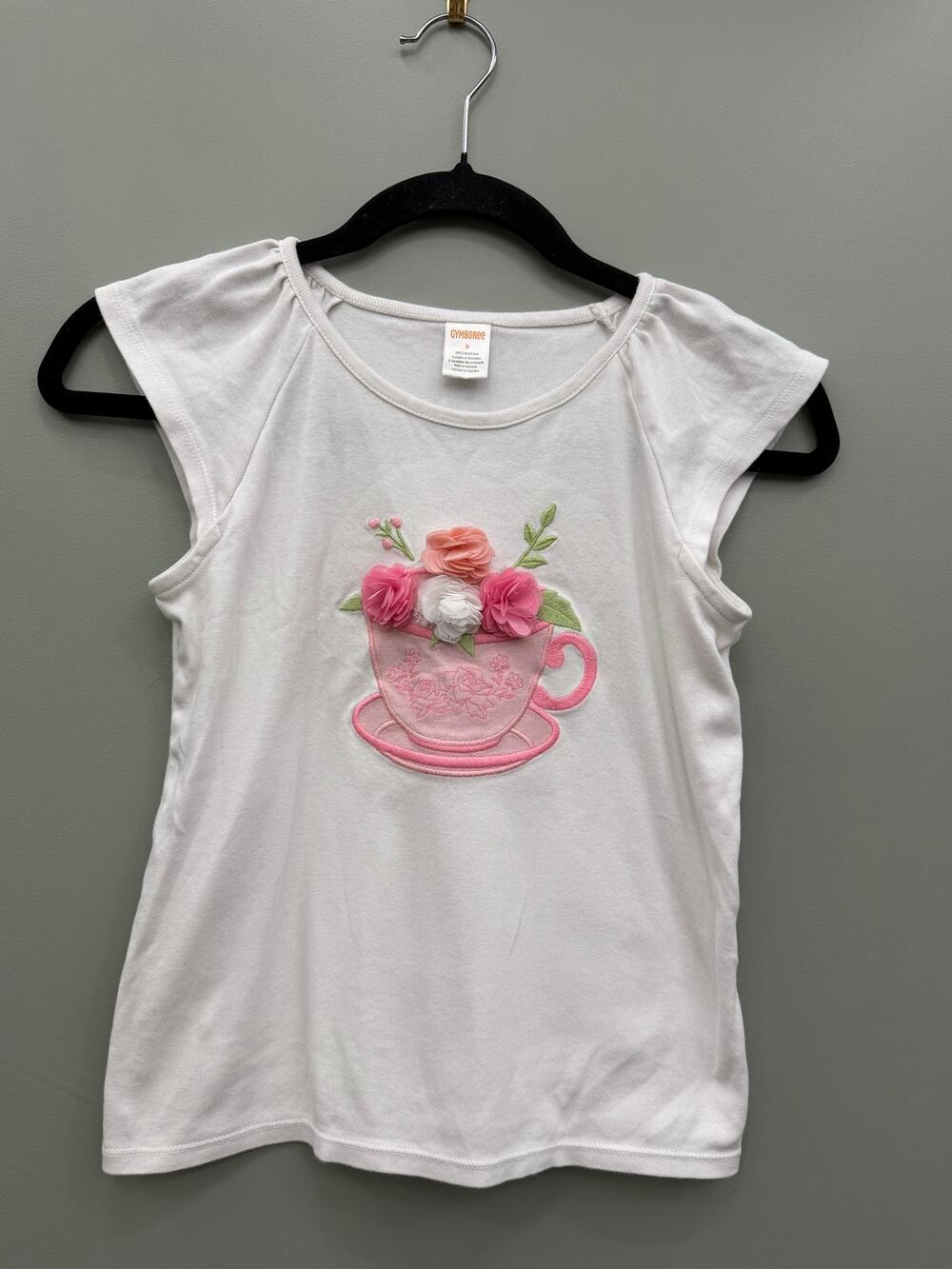 Gymboree Girls Floral Teacup Appliqué Top Size 8 Cottagecore Pink Rosette Tee